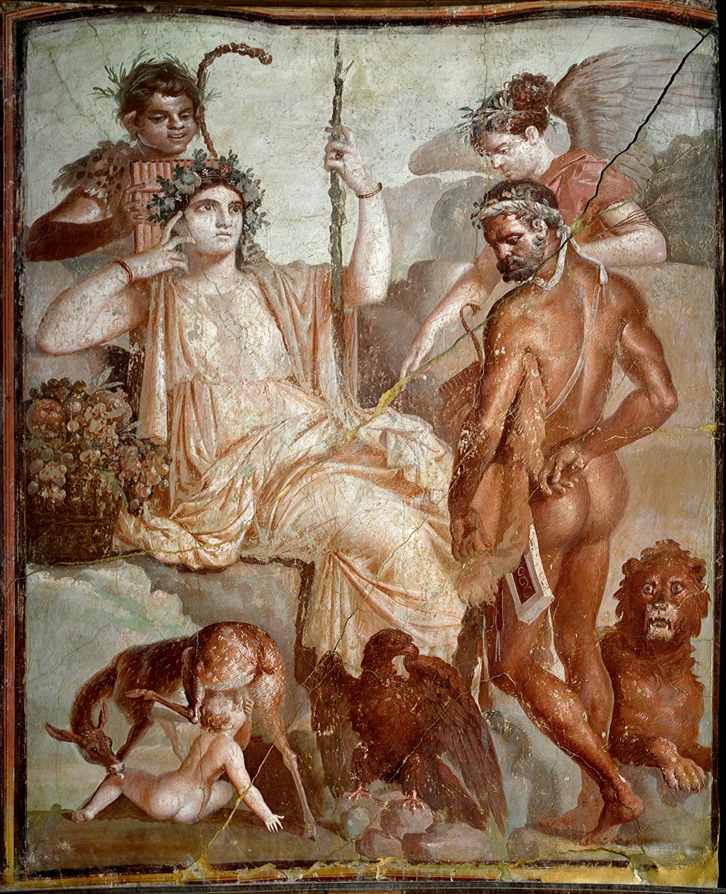 Arte romana: "Heracles encontra o seu filho Telephus (Telephus) nas montanhas da Arcádia" fresco romano do sítio de Herculanum (Ercolano), 70 d.C., Dim. 216x185 cm - Nápoles, Museo Archeologico Nazionale - Heráculos encontra o seu filho Teléfo nos Montes d de Roman