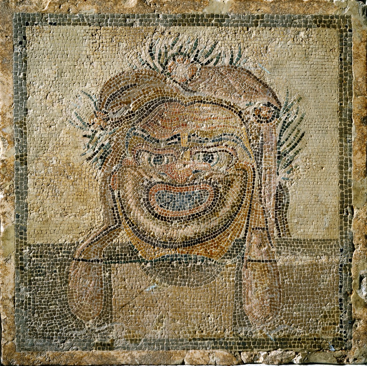 Arte romana: Máscara de teatro romana. Mosaico de Ampúrias (Empúrias). Século II d.C. Espanha Museo di Ampurias de Roman