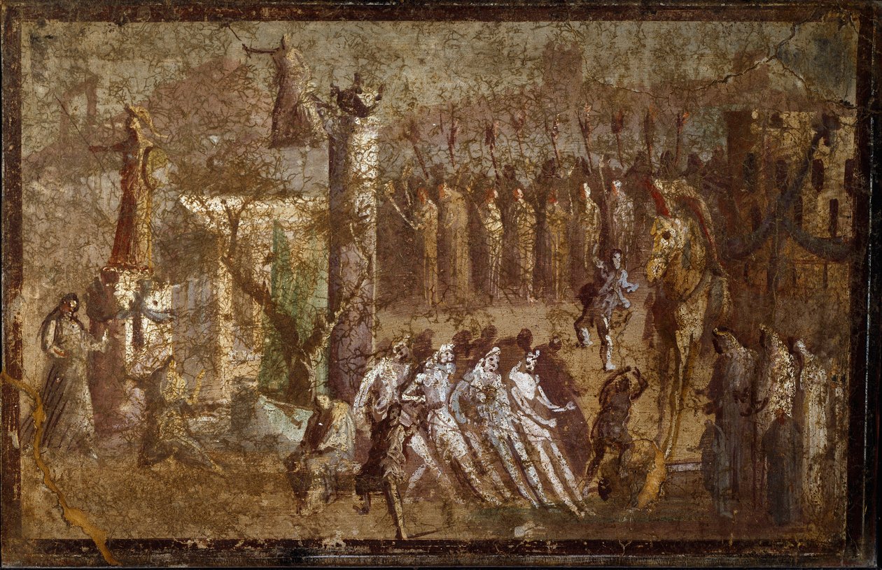 Arte romana: Entrada "Tabula Iliaca" do cavalo de Tróia. Os troianos puxam o cavalo para as muralhas enquanto Cassandre tenta se opor a eles. Fresco de Pompéia. Nápoles, Museo Archeologico Nazionale de Roman