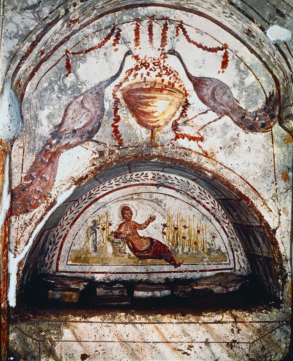 Arte romana: "A morte de Cleópatra, Rainha do Egipto, esfaqueando-se" Fresco do século IV. Catacumbas de via Latina, Roma - Arte Romana. A Morte de Cleópatra. Fresco do século IV d.C. Catacumbas da Via Latina, Roma, Itália. de Roman