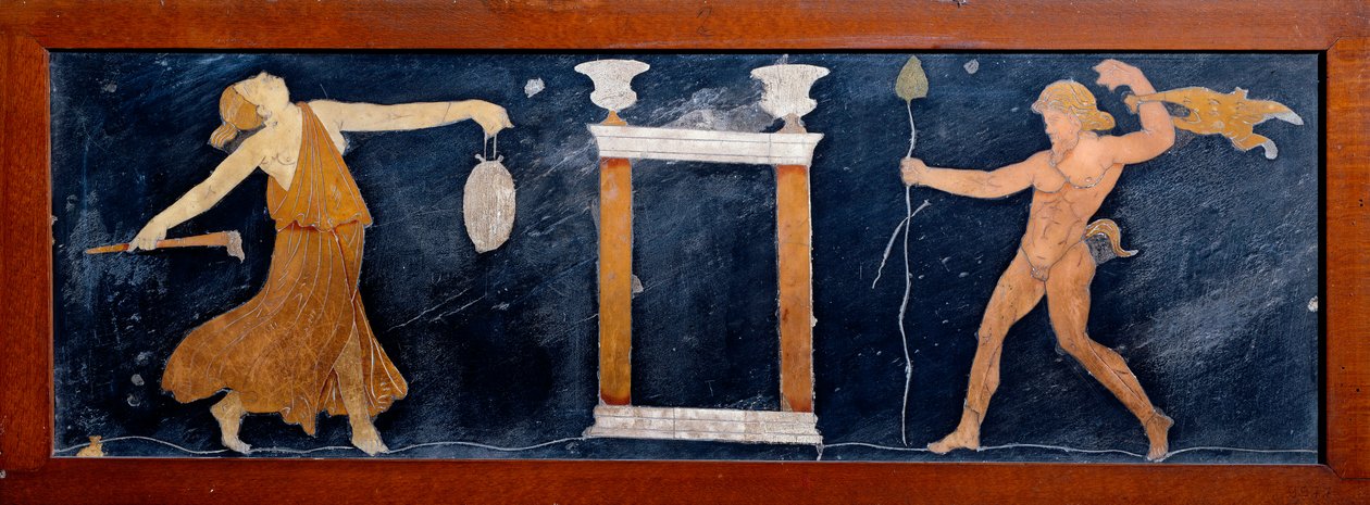 Arte romana: um menade e um sátiro dançando perto de um templo. Fresco da Casa dei Capitelli dorati em Pompéia. Século I d.C. Nápoles, Museu Arqueológico de Roman