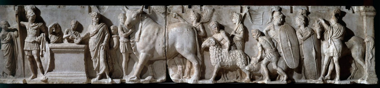Arte romana: altar de Domitius Ahenobarbus. 100 AC. Cena de sacrifício ao deus Marte. Relevo sobre mármore. Sol 2.05 m. Paris, Museu do Louvre. de Roman