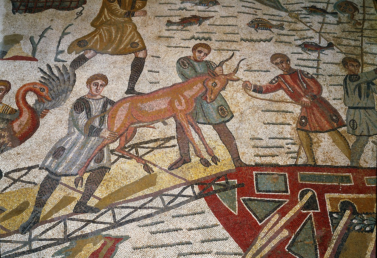 Arte romana: detalhe do mosaico "A parte principal da caça" As Gazelas são carregadas em navios. 315-350 AD. Piazza Armerina, Villa Romana del Casale de Roman