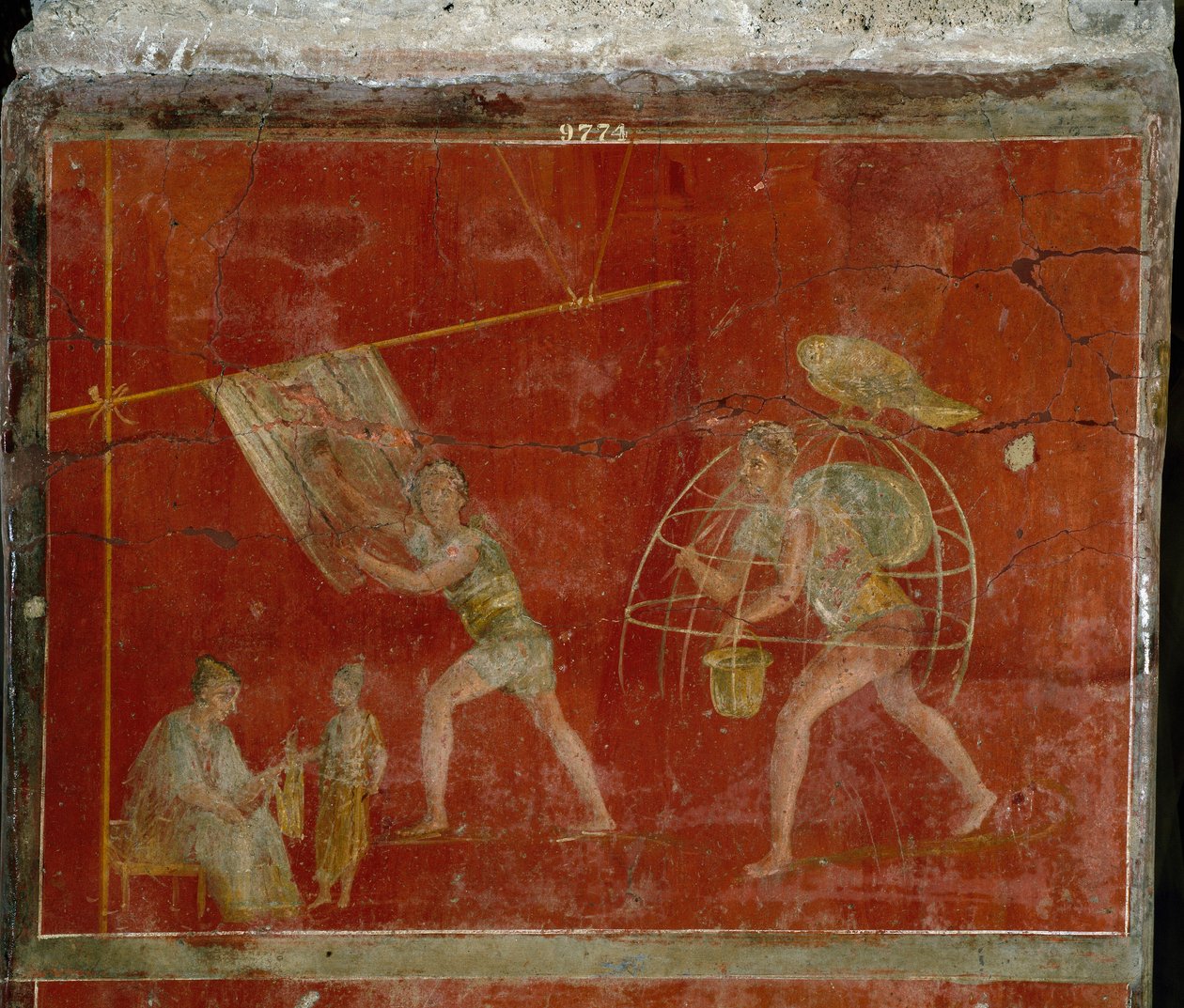 Arte romana: Cena "fullonica" ou "pisa" representando a limpeza da roupa. Fresco da villa Fullonica stephani (La fullonica de Stephanus) em Pompéia, que era utilizada como lavandaria e tinturaria. Pintura do século I d.C. Nápoles, Museo de Roman