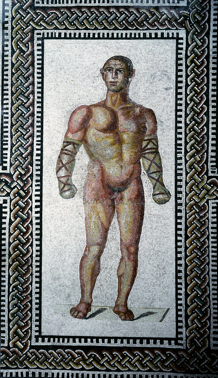 Arte romana: "Mosaico de pavimento gladiador dos banhos de Caracalla". 212 d.C. Roma, Museo Nazionale Romano (o delle Terme) - Arte romana: gladiador. Mosaico de pavimento das Termas de Caracalla. 212 D.C. Roma, Museo Nazionale Romano (o delle Terme) de Roman