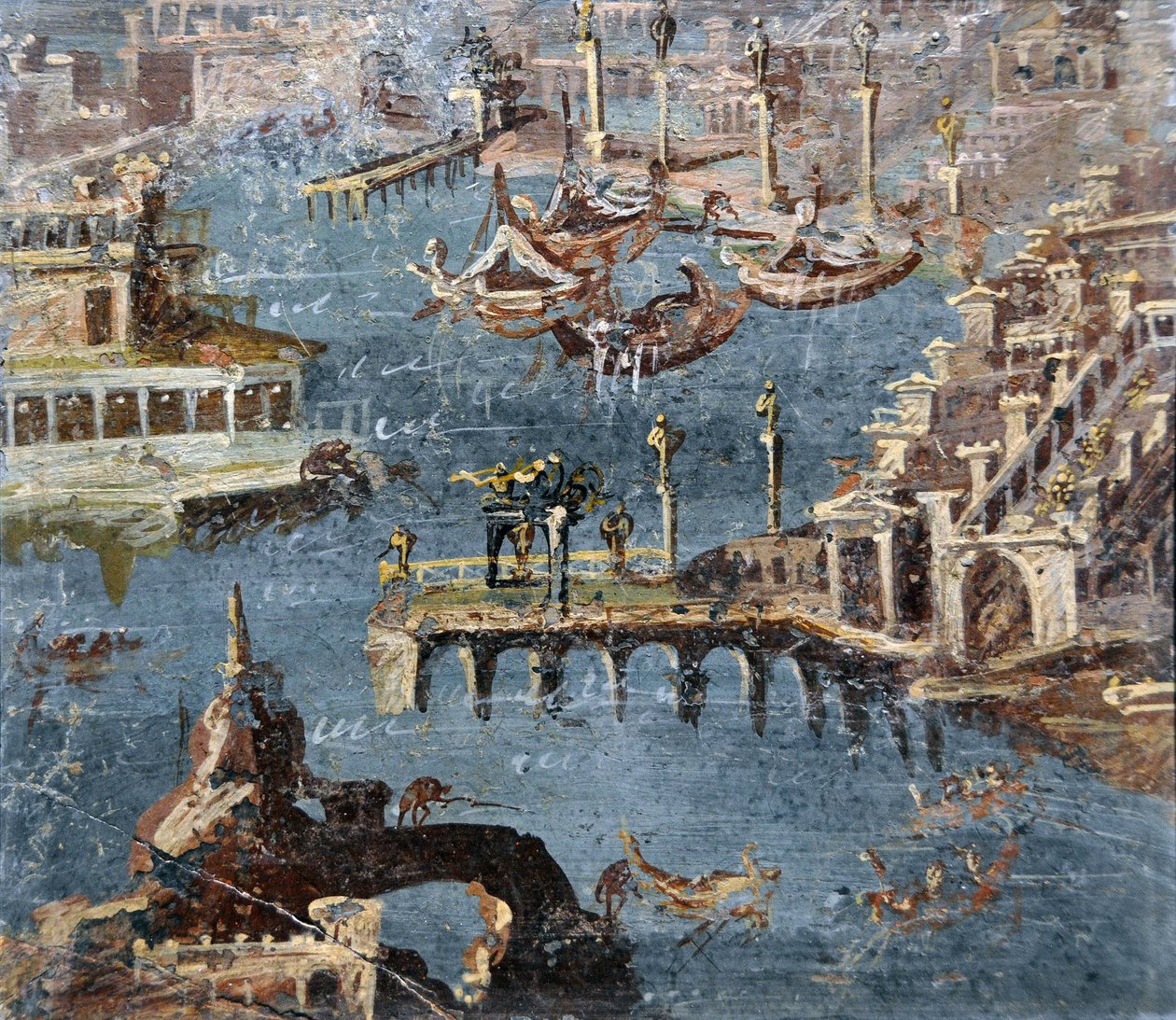 Arte romana: paisagem de um porto comummente identificado como Pozzuoli (fresco) de Roman