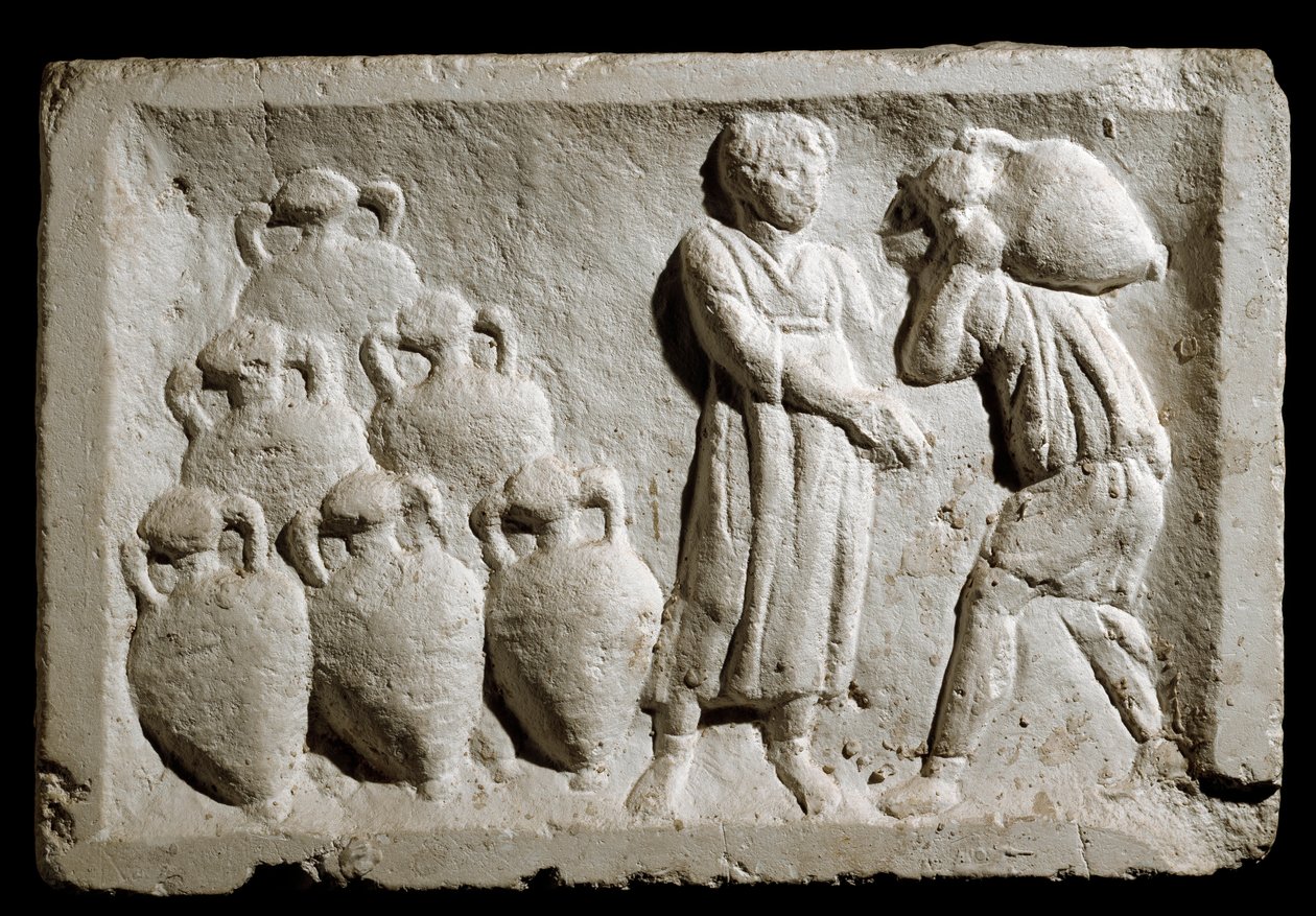 Arte romana: "carregamento e arrumação de jarras de vinho" Alívio. Século II d.C. Roma, Museu da Civilização Romana de Roman
