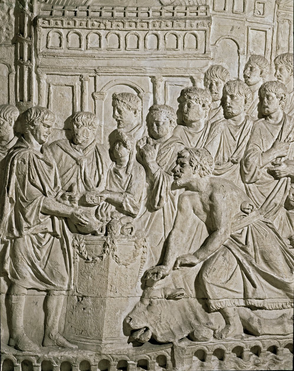 Arte romana: baixo relevo representando os cidadãos Sarmat prestando tributo aos romanos. A partir dos relevos da coluna de Marc-Aurele (Marx Aurele). Século II d.C. Roma, Museo della Civilta Romana de Roman
