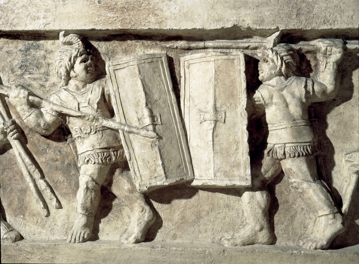 Arte romana: baixo relevo representando uma batalha de gladiadores. Século I d.C. Roma, Museo della Civilta Romana de Roman