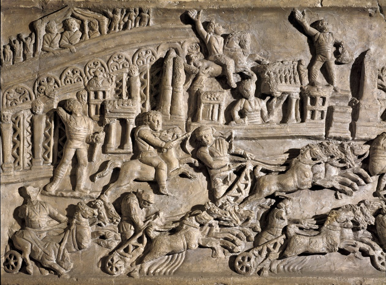 Arte romana: baixo relevo representando corridas de tanques no Circus Maximus (Grand Circus ou Circus Maxime) em Roma. Século II d.C. Roma, Museo della Civilta Romana de Roman