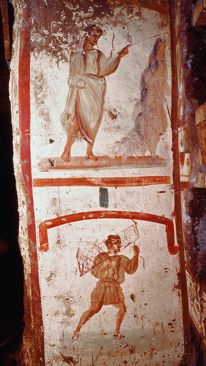 Arte romana: milagre da fonte e milagre da guerra do paralítico. Os frescos. Fim do século III depois de JC. Roma, catacumbas de São Marcelino e Pietro (Pedro e Marcelino) - Arte Romana. Milagre da Fonte e A Recuperação do Paralítico. Pe. de Roman