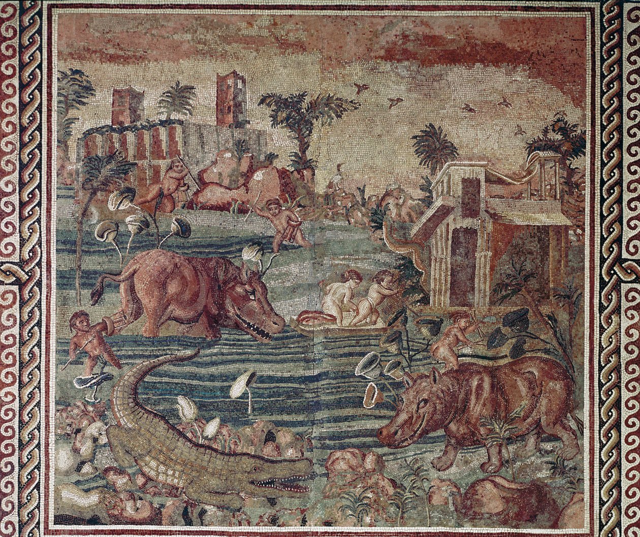 Arte romana: mosaico da paisagem do nilo de uma vila na colina de Aventino, Roma Século 1-2 (Arte romana: mosaico da paisagem do nilo de uma vila na colina de Aventino, Roma Século 1-2 Roma Museo Nazionale Romano no Palazzo Massimo, Inv 171 de Roman