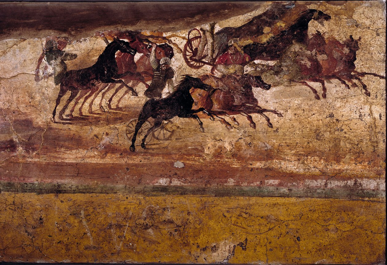 Arte romana: raça de quadriges. Fresco da vila do quadrige. 4º estilo, Pompei.Nápoles, Museo Archeologico Nazionale de Roman