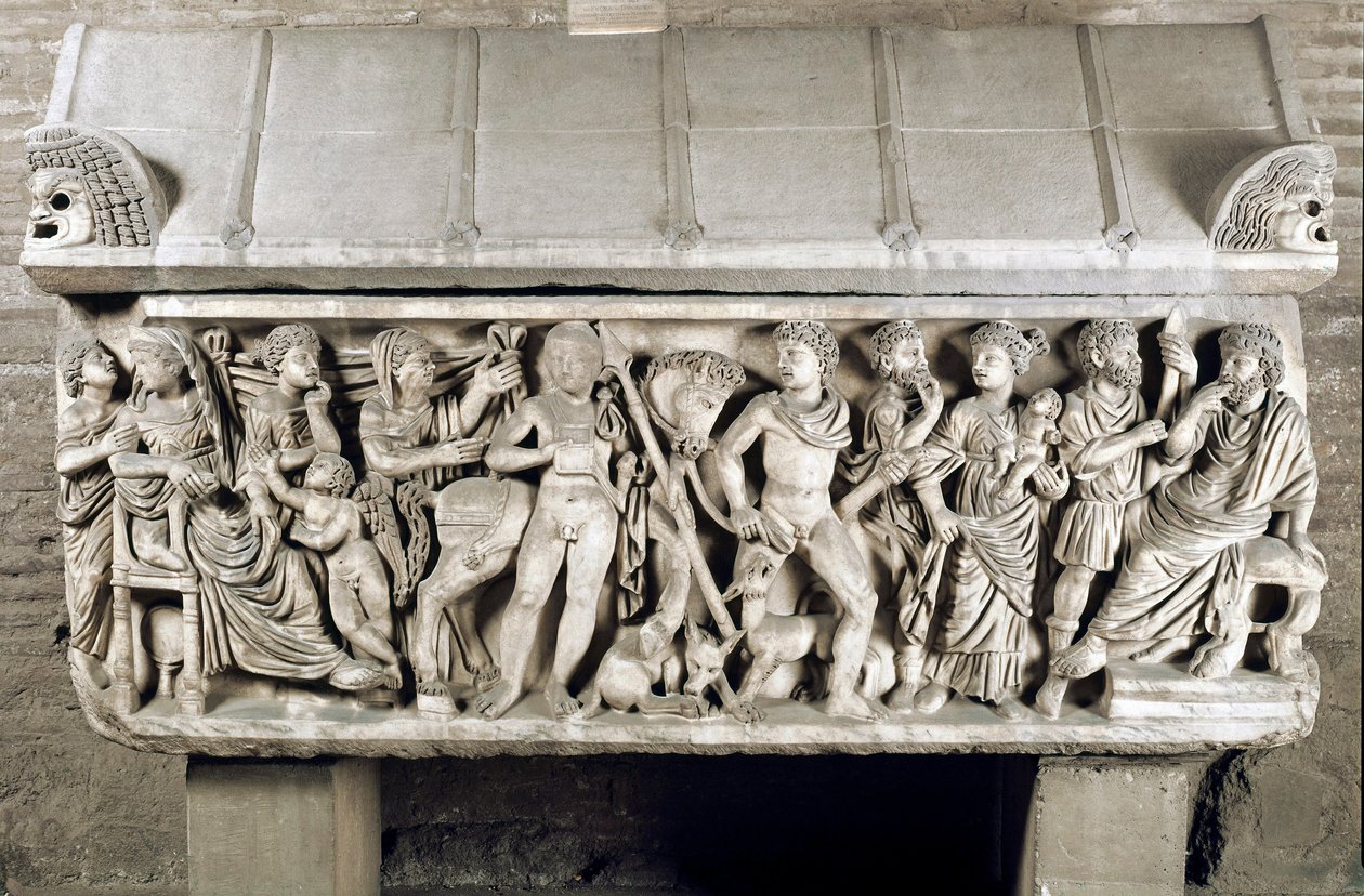 Arte romana: o sarcófago decora um baixo relevo contando a lenda de Phedre e Hippolyte. Século III d.C. Roma, museo nazionale romano de Roman