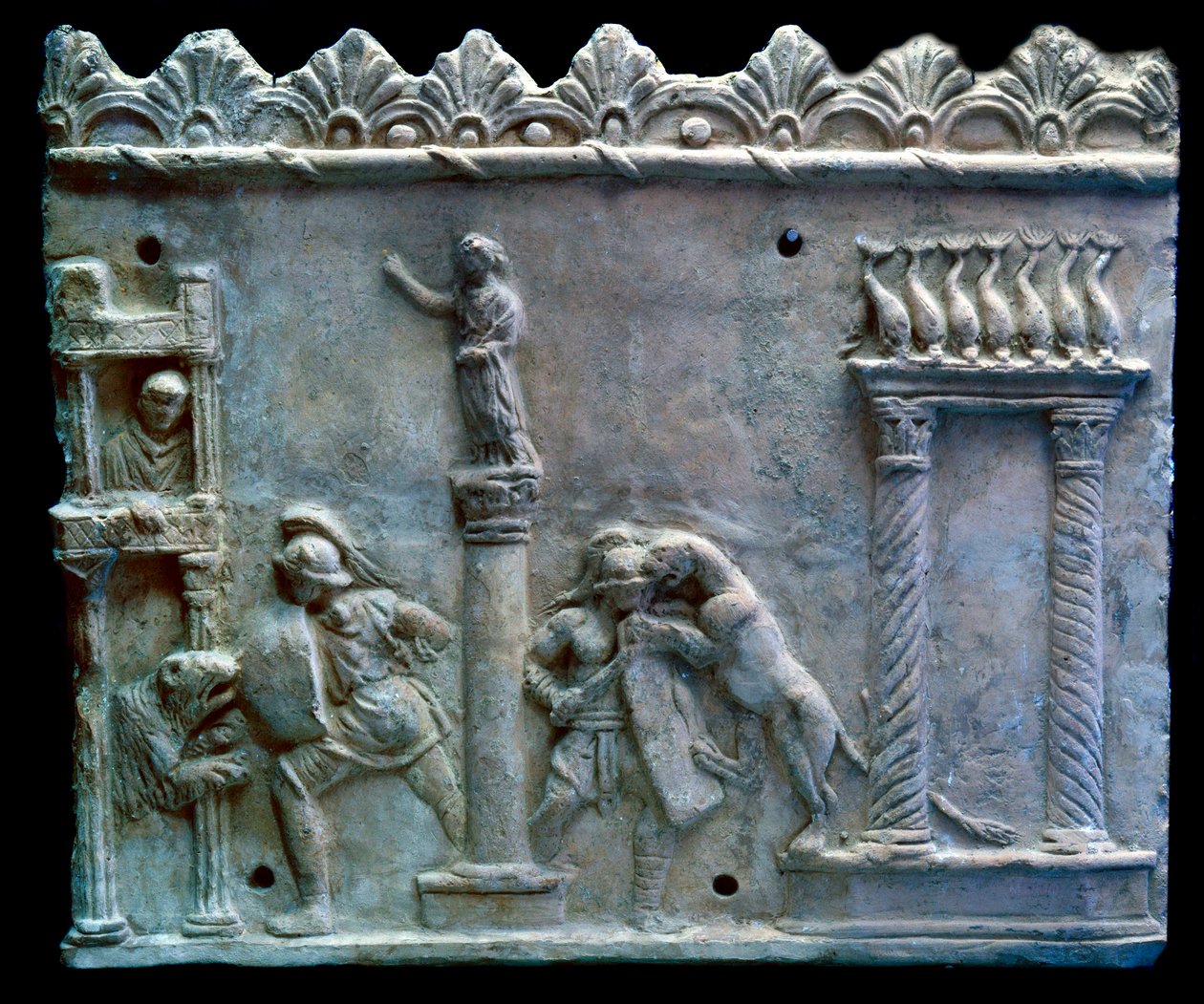 Arte romana: cena de combate dos gladiadores contra bestas ou venatio. Século I a.C. Genebra, Museu de Arte e História de Roman