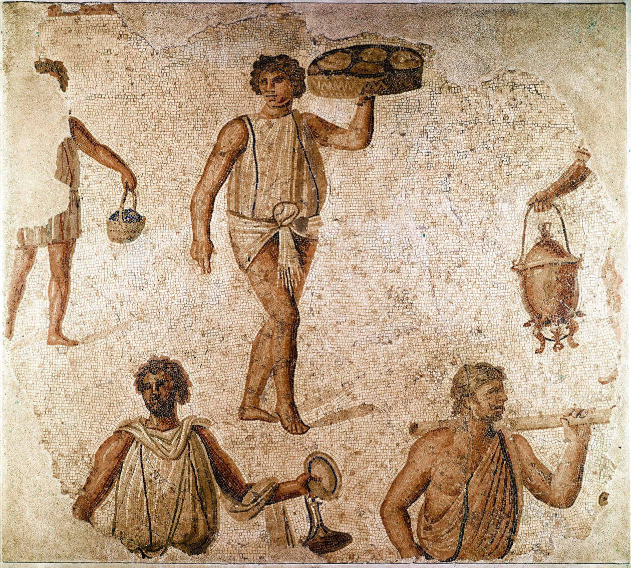 Arte romana: criados em um banquete. Fragmento de mosaico de Cartago, Tunísia. 180-190 D.C. Paris, Museu do Louvre de Roman