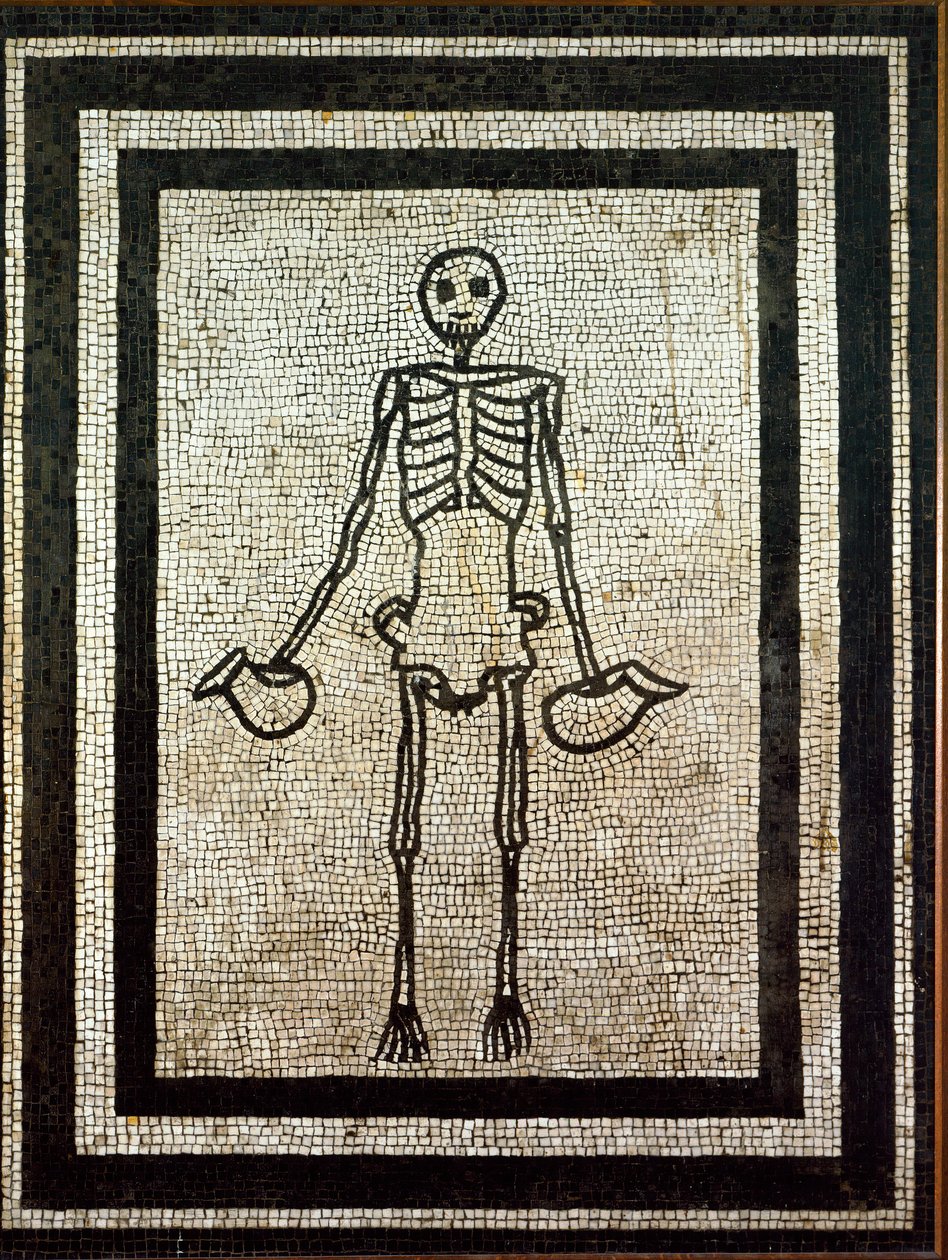 Arte romana: esqueleto com dois jarros. Mosaico do século I. Nápoles, museo nazionale archeologico - Arte romana: esqueleto segurando dois jarros. Mosaico do séc. I de Pompeia. Museu Nacional de Arqueologia, Nápoles, Itália. de Roman