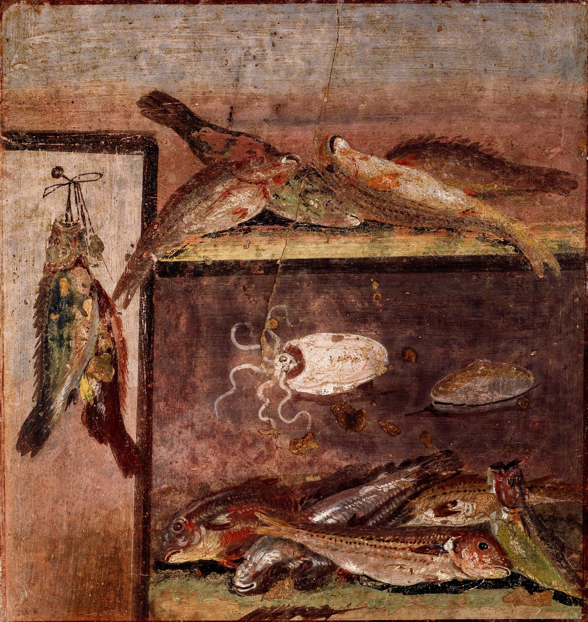 Arte romana: "Natureza morta com peixe" Fresco do sítio de Pompei. Século I d.C. Nápoles, Museo Archeologico Nazionale de Roman
