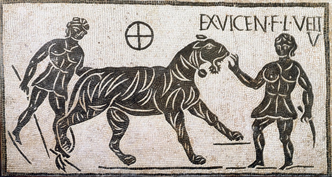 Arte romana: "duas mulheres domesticando um tigre" Mosaico de Castro pretorio em Roma. Século I d.C. Roma, Museo Nazionale Romano de Roman