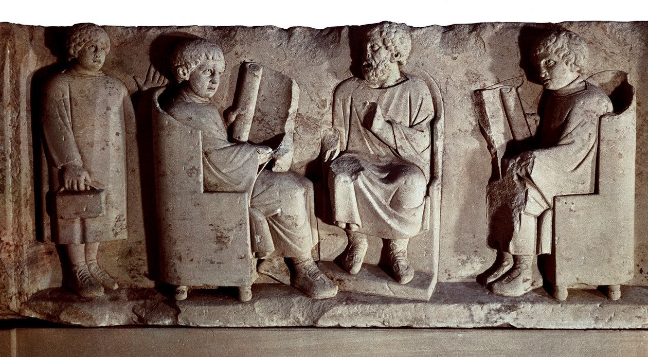A civilização romana. Alívio retratando a cena escolar. Trier, anteriormente conhecida em inglês como Treves, é uma cidade na Alemanha às margens do Mosela, conquistada pelos romanos no último século I a.C. e renomeada Trevorum. de Roman