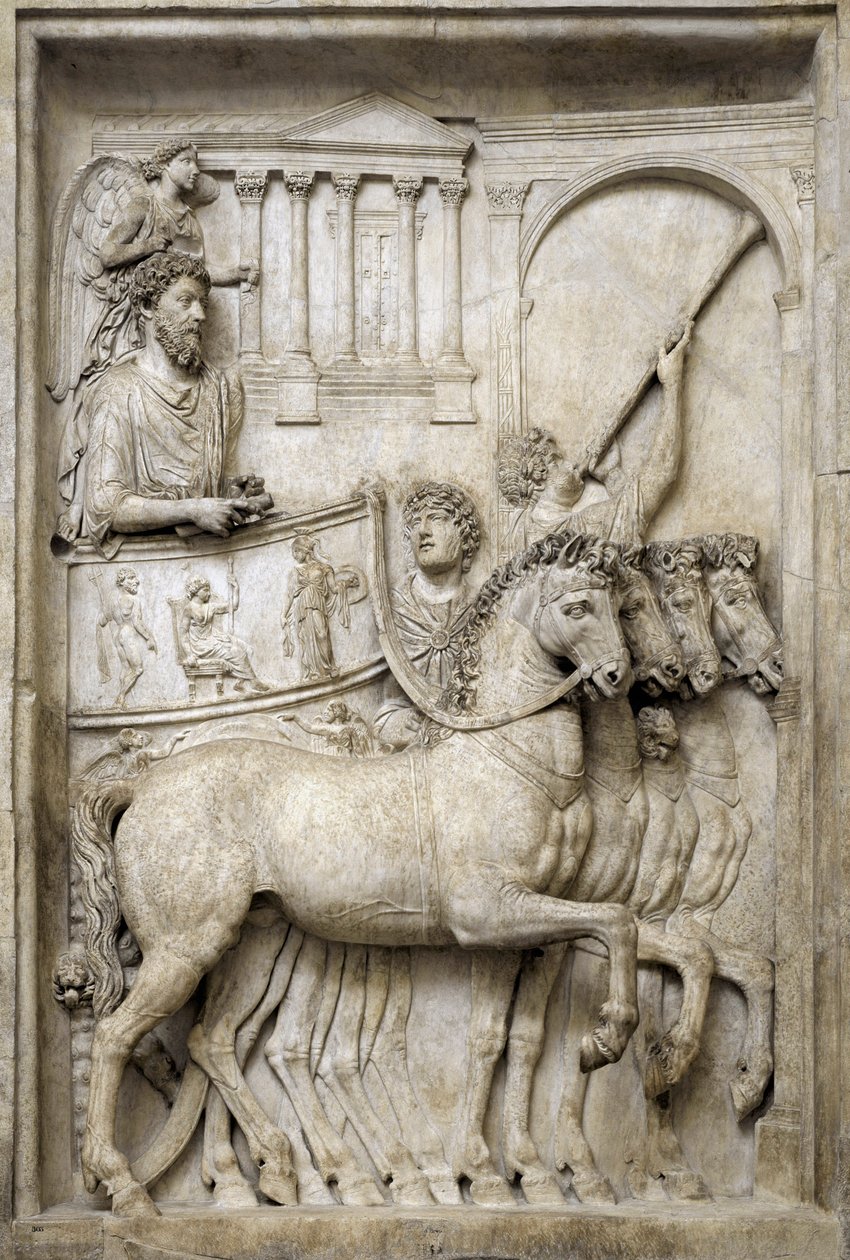 O imperador romano Marcus Aurelius no seu trólei triunfal, século II (Relevo em mármore) de Roman