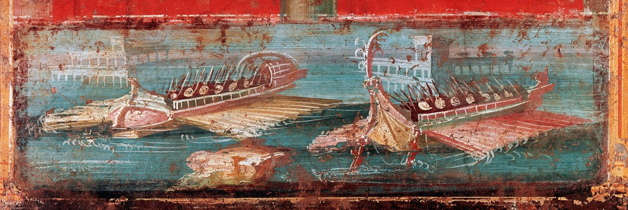 Navios de guerra romanos na entrada de um porto (fresco de Roman