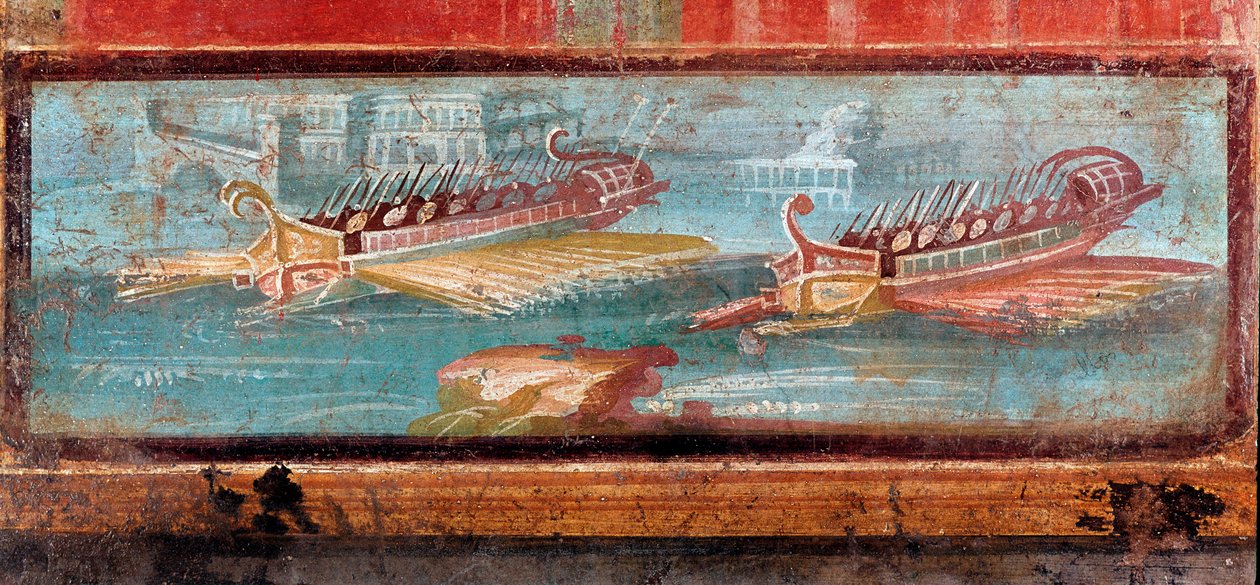 Navios de guerra romanos na entrada de um porto (fresco de Roman