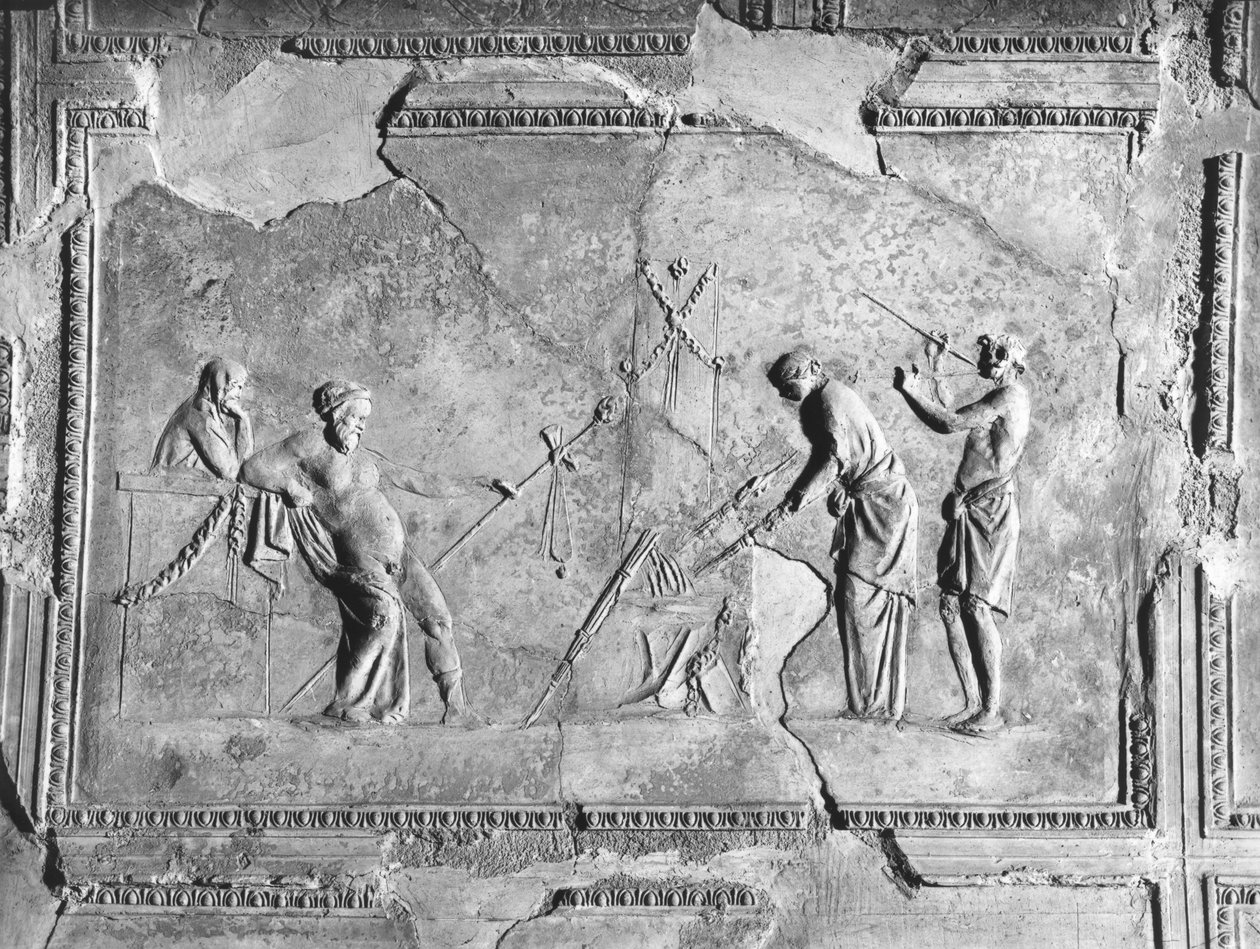 Cena de Dionysian Mysteries (detalhe de 242795) (stucco) (foto p/b) de Roman
