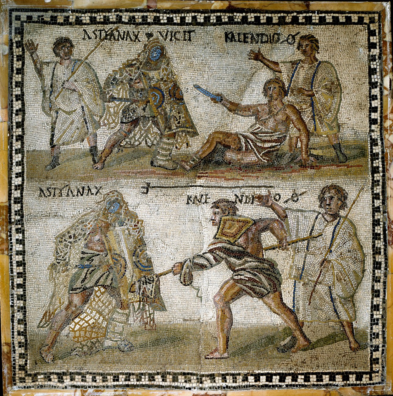 Cena de lutas de gladiadores, entre um aposentado e um secutor, século IV (mosaico) de Roman