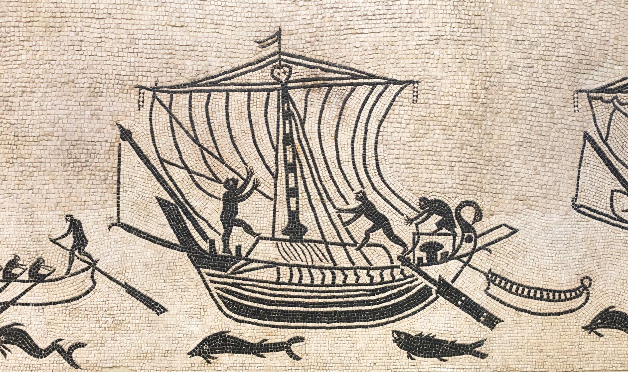 Navio a aproximar-se de um porto, detalhe de um mosaico, século II d.C. de Roman