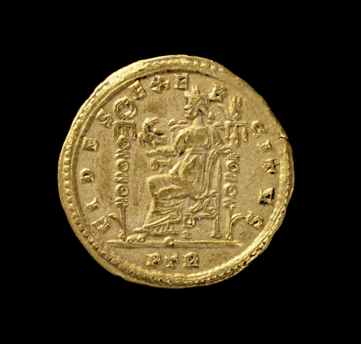 Solidus (reverso) de Constantino I, o Grande (306 AD-AD 337) representando Fides sentado à esquerda no trono. Inscrição: FIDES EXERCITVS (ouro) (para anverso ver 119150) de Roman