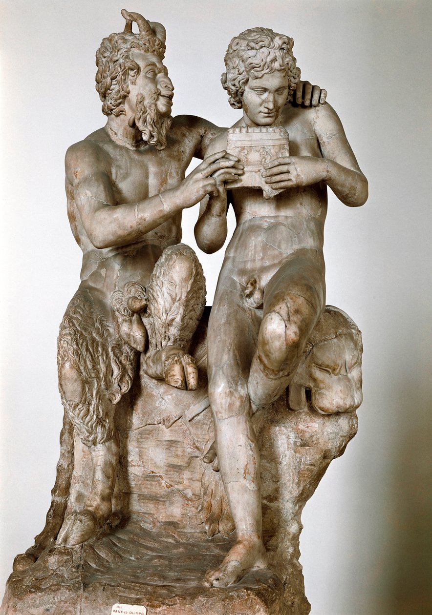Estatueta do deus Pan ensinando a flauta tem o seu eromene, o pastor Daphnis século I aC. Escultura em mármore romano, depois de um original grego. Museu Nacional de Arqueologia de Nápoles - Pan e Daphnis (ou Olimpo). Cópia romana depois de uma escultura h de Roman