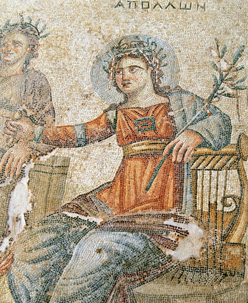 O mosaico Apollo e Marsyas, detalhe de Plínio e Apolo, Casa de Aion, Paphos, mosaico de Chipre de Roman