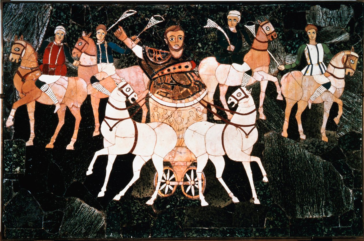 O cônsul romano Iulius Annius Bassus representa em um quadrige Detalhe da placa de opus sectil que data do século IV. Basílica de Junius Bassus (Basílica de Iunii), Esquilin em Roma. Conservatório no Museu Conservatori, Roma. de Roman