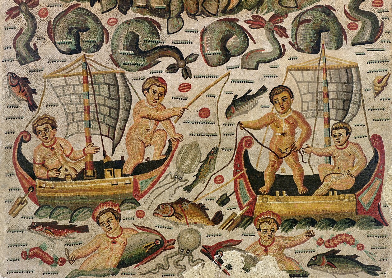 O triunfo de Netuno e Amphitrite, detalhe de cupidos, mosaico de pesca de Roman