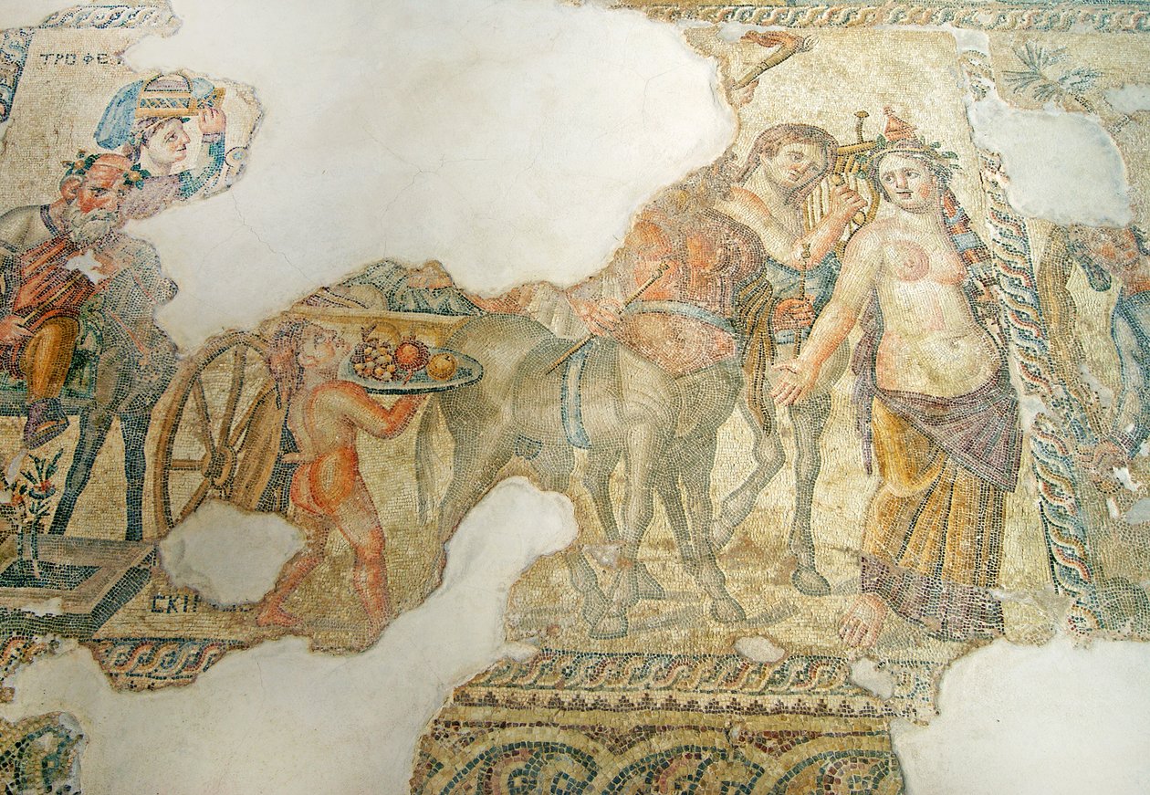 A Procissão Triunfal de Dionísio, Casa de Aion, Paphos, Chipre (mosaico) de Roman