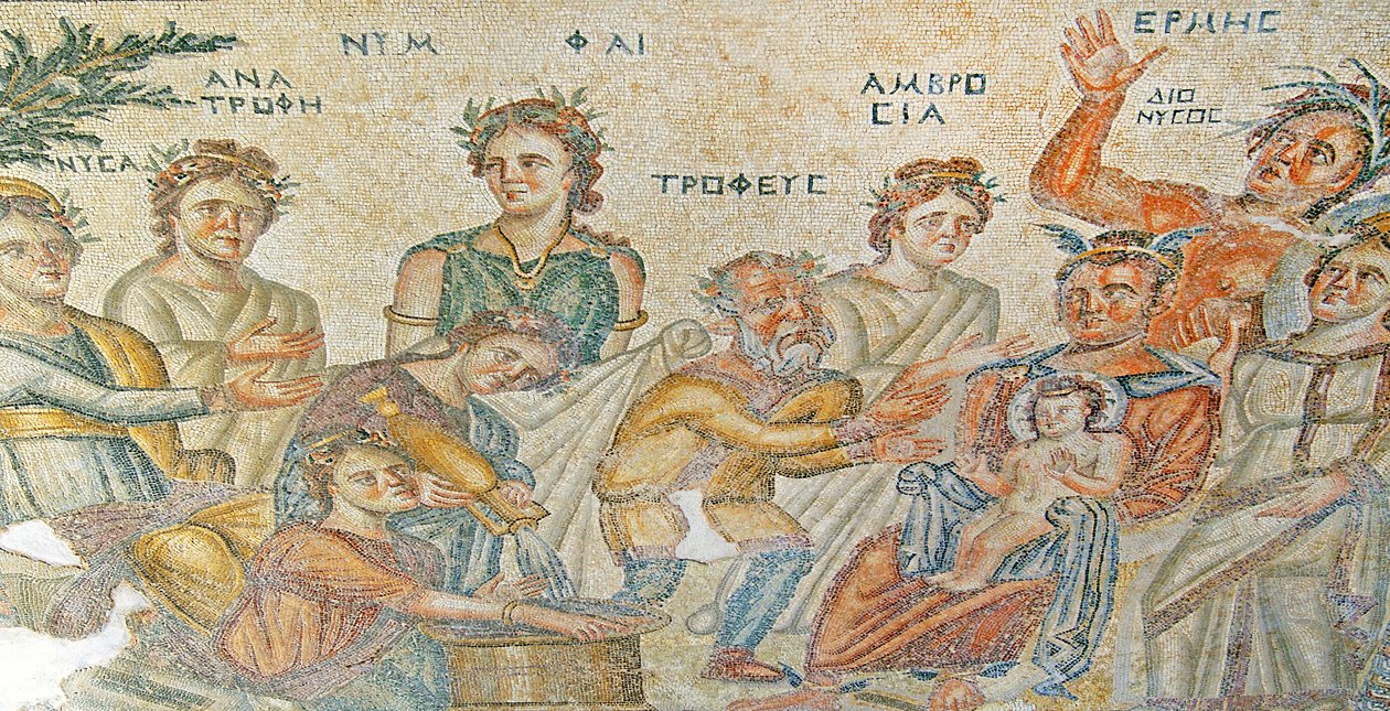A apresentação do bebê Dionísio por Hermes a Sileno. Casa de Aion, Paphos, Chipre (mosaico) de Roman
