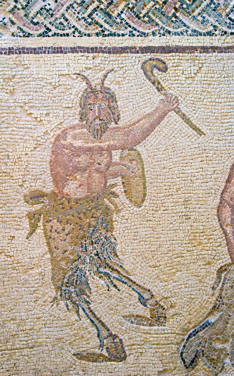 O triunfo de Dionísio, detalhe de Pan, Casa de Dionísio, Paphos, Chipre mosaico de Roman