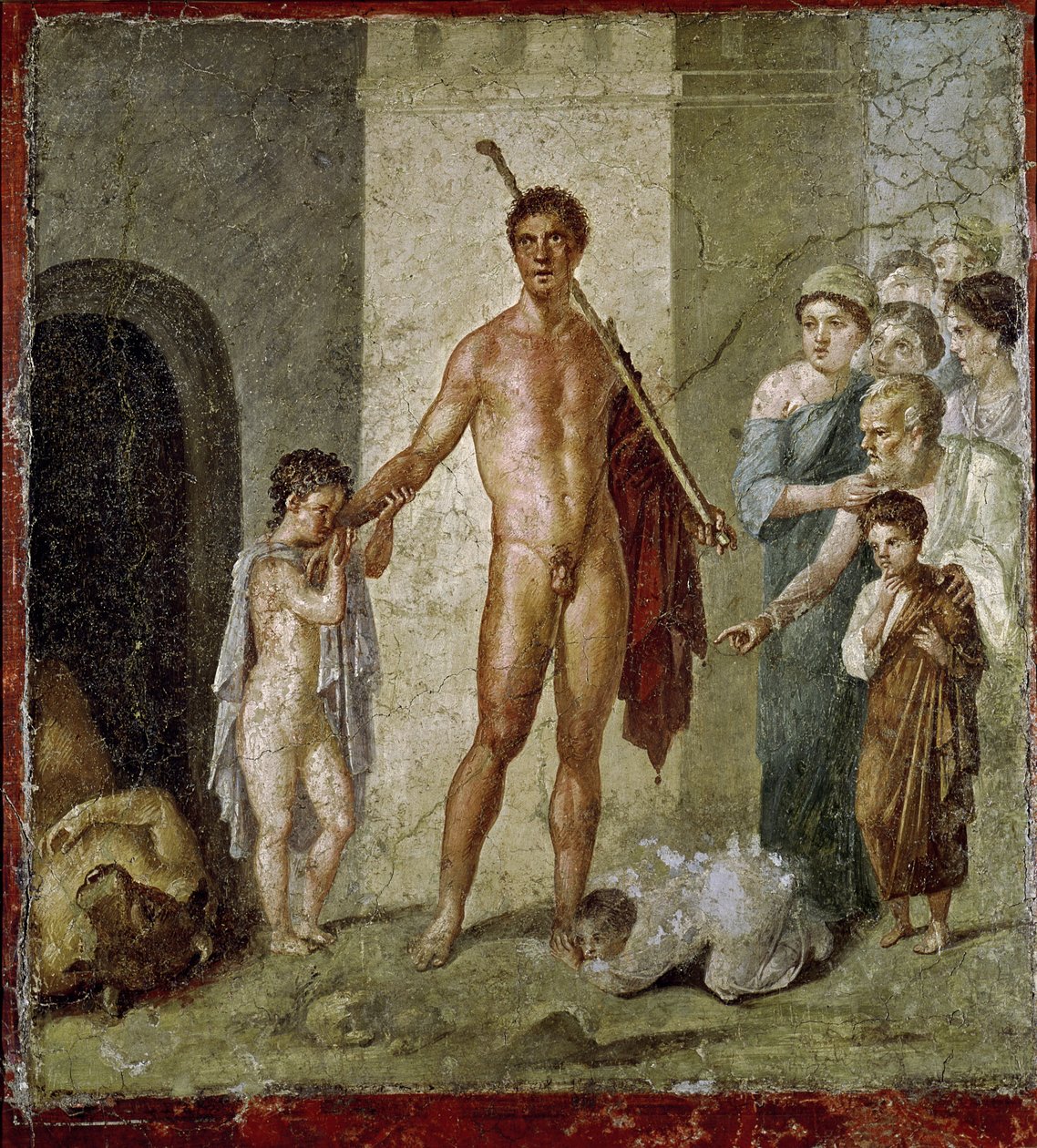 Teseu libertando crianças do Minotauro, da Casa de Gavius Rufus, Pompéia, 4º estilo pompeiano, c.50-79 dC de Roman
