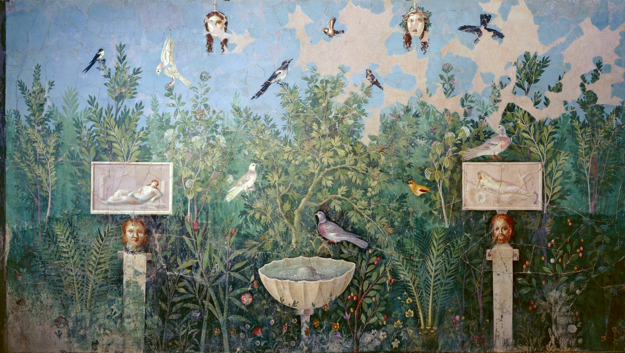 Afresco de parede representando jardim e aves, Casa da Pulseira de Ouro, Pompéia de Roman