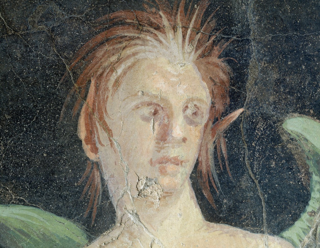 Gênio alado, fragmento de afresco de Villa de Publius Fannius Synistor, Boscoreale, Campânia, Itália, Detalhe, civilização romana de Roman