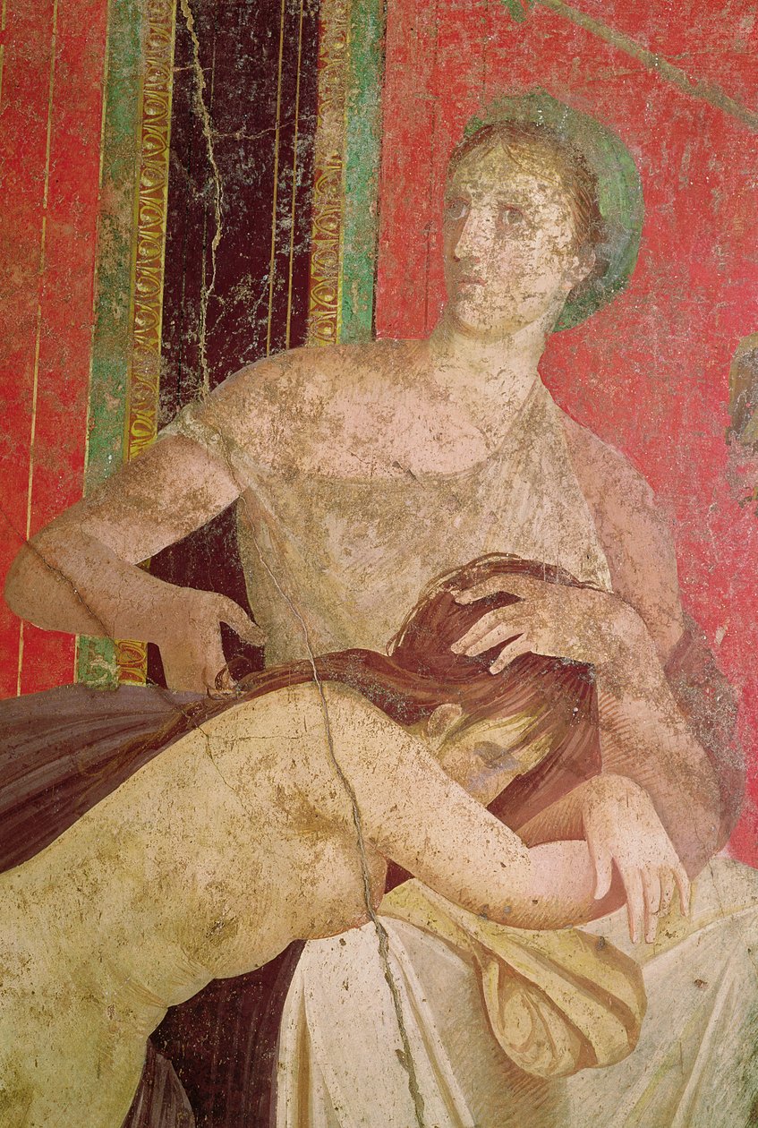 Mulher consolando o iniciado, parede sul, Oecus 5, detalhe de afresco 60-50 aC de 57190 e 161043 de Roman