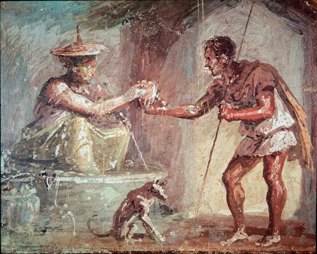 Mulher oferece bebida a um vagabundo (fresco de Roman