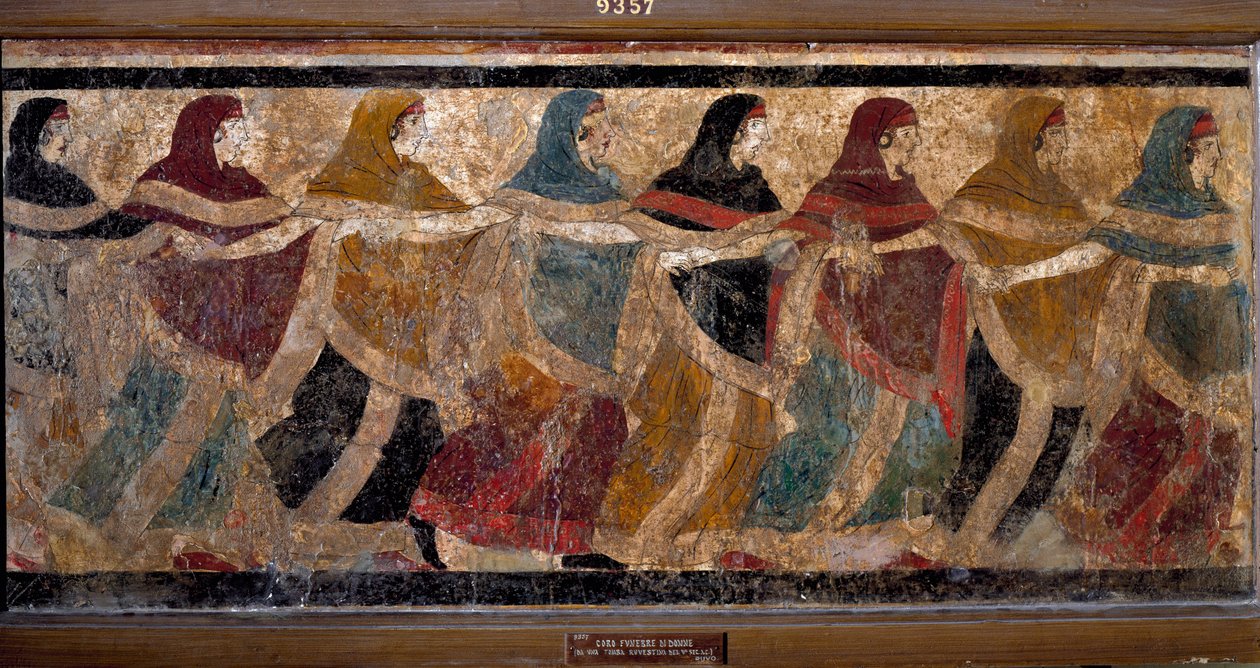 Ronda funerária feminina. Fresco 117x52,5cm. Pintura da Tumba n°11, via dei Cappuccini em Ruvo, Itália. Século V AC. Fresco em 6 fragmentos. Inv. N° 9357. Museo nazionale archeologico, Napoli (Musee Archeologique de Nápoles). de Roman