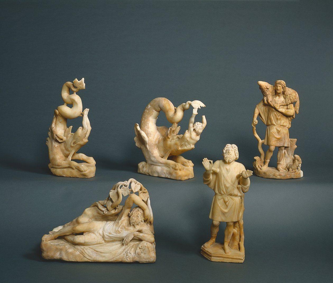 Jonas engolidas, Jonas fundidas, Jonas sob a videira da cabaça, Jonas orando, 280-290 (mármore) de Roman Imperial Period