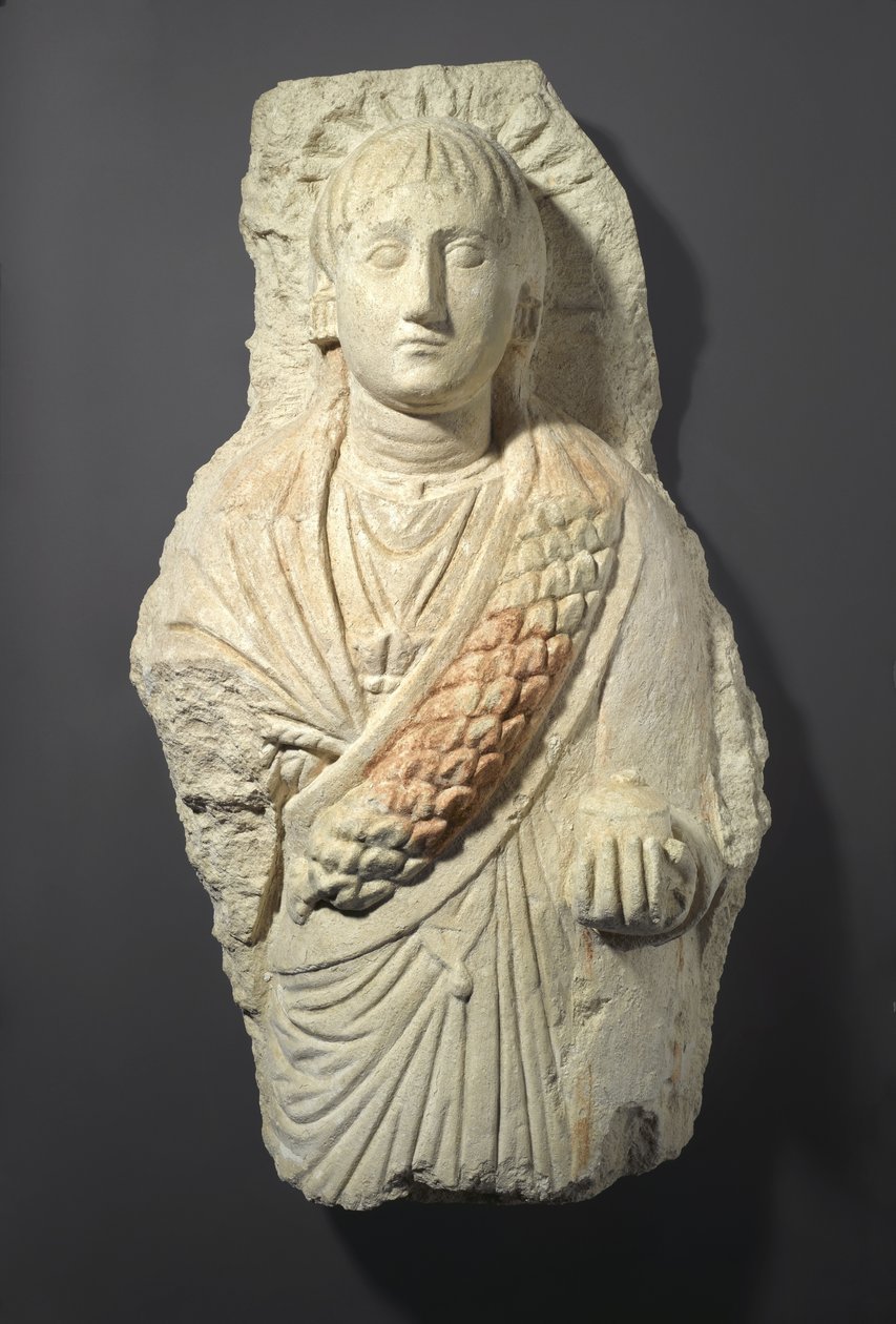 Figura funerária de uma mulher, encontrada em Oxyrhynchos, século III-4 (calcário com vestígios de gesso e tinta) de Roman Period Egyptian