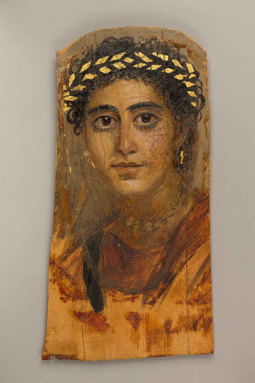 Retrato de uma jovem em vermelho, 90-120 dC (encáustica, lima, folha de ouro) de Roman Period Egyptian