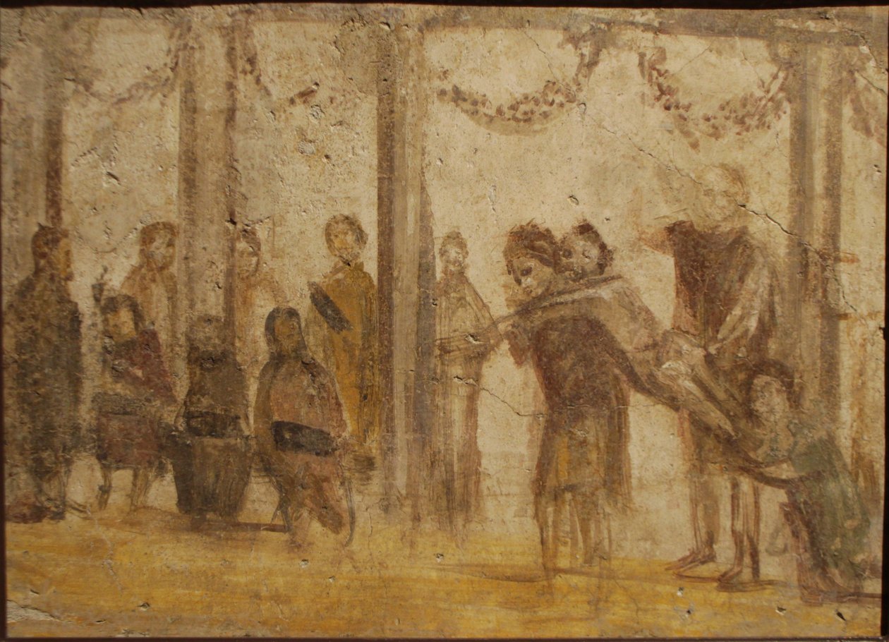 A punição de um aluno. Afresco da casa de Julia Felix, século I. de Roman Pompeian wall painting.
