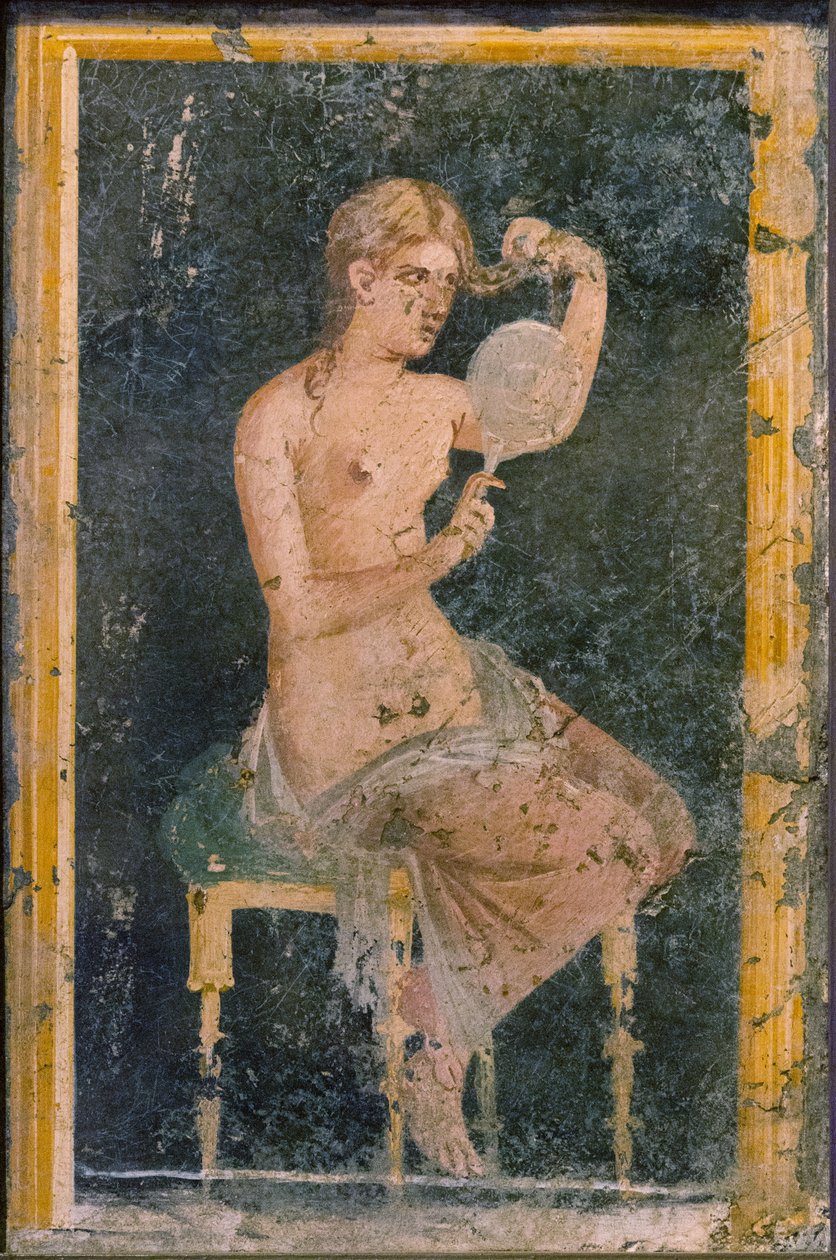 Mulher com Espelho, 1º H. Século I. DE ANÚNCIOS. de Roman Pompeian wall painting.
