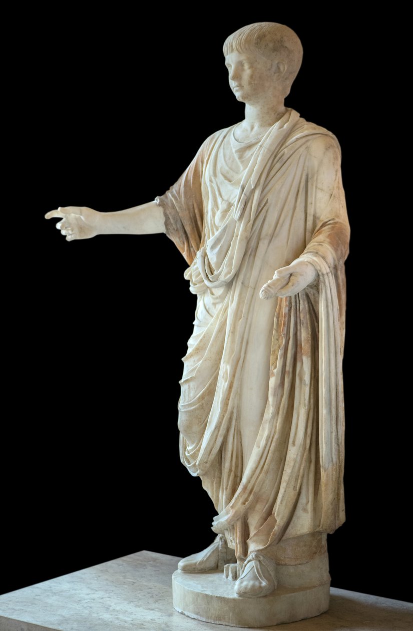 Arte Roma Criança vestida com a toga e usando a bolha (bulla), a cabeça é a da criança Nero de Roman Roman